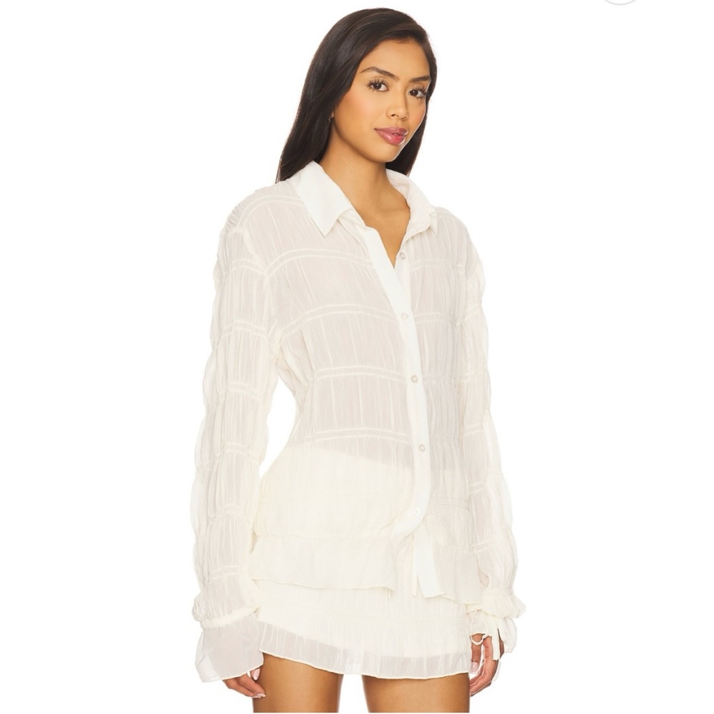 SNDYS La Louisiane Cream Shirred Button Up Blouse NWT Medium Chiffon Romantic - Picture 3 of 4